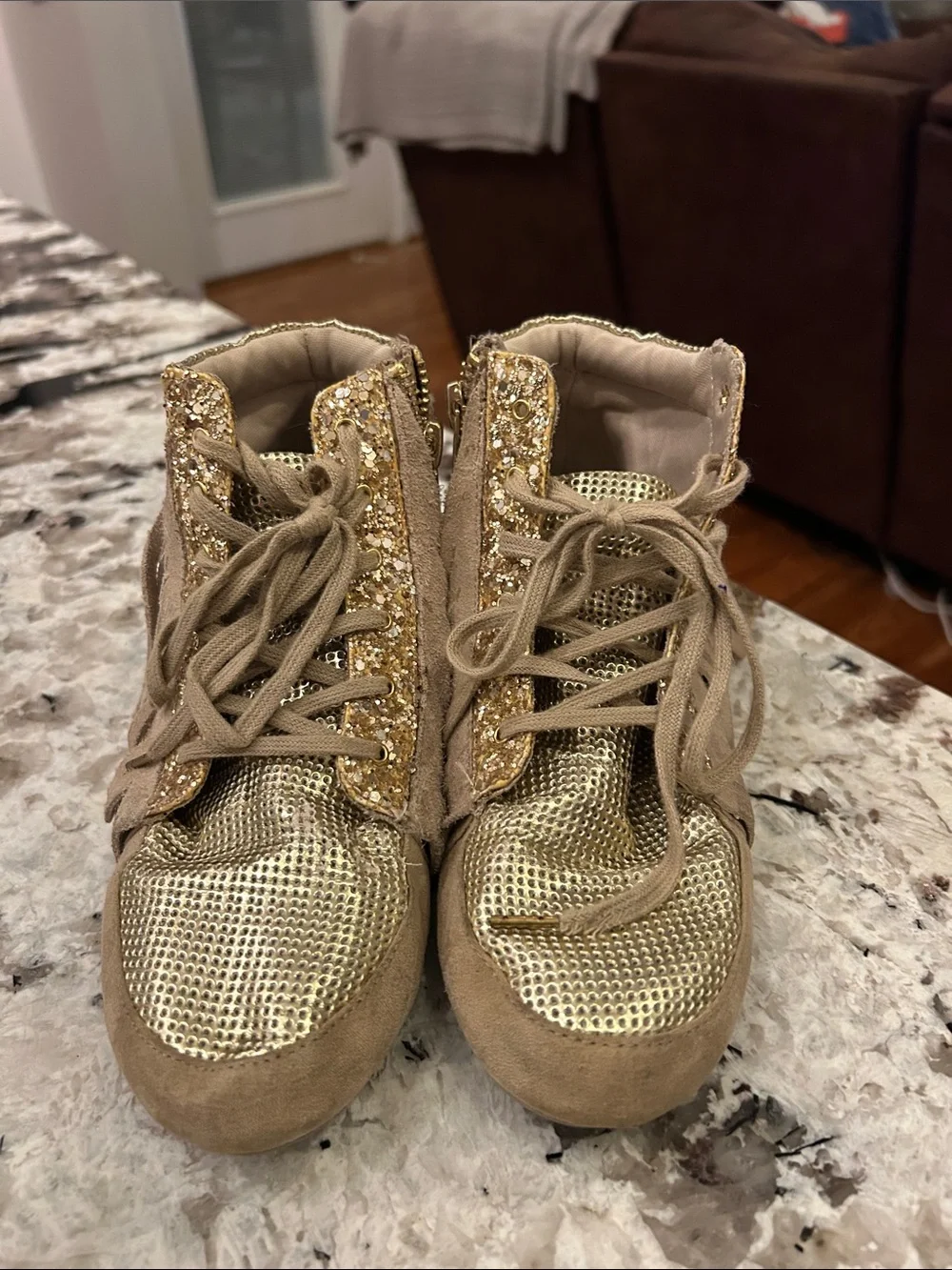 Beige Fringe Suede High-Top Sneakers with Gold Accents